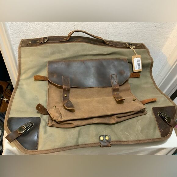 Waxed Canvas Leather Suit Luggage Garment Bag army green color - Picture 5 of 11